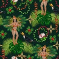 Fantasy pattern with carnival girl like fairy, pixie dancing in tropical forest. Royalty Free Stock Photo