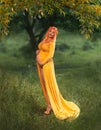 fantasy photo pregnant woman queen hugs bare belly. Pregnancy outfit creative design ancient vintage greek style elegant