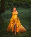 fantasy photo pregnant woman queen hugs belly. Pregnancy long outfit creative design ancient vintage greek style elegant