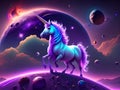 A beautiful colorful unicorn, with the solar system in the background, generated by AI.