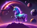 A beautiful colorful unicorn, with the solar system in the background, generated by AI.