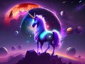 A beautiful colorful unicorn, with the solar system in the background, generated by AI.