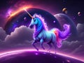 A beautiful colorful unicorn, with the solar system in the background, generated by AI.