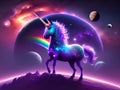 A beautiful colorful unicorn, with the solar system in the background, generated by AI.