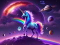 A beautiful colorful unicorn, with the solar system in the background, generated by AI.