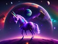 A beautiful colorful unicorn, with the solar system in the background, generated by AI.