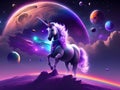 A beautiful colorful unicorn, with the solar system in the background, generated by AI.