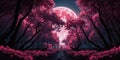 Fantasy pink forest with tall trees in full moon night