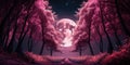 Fantasy pink forest with tall trees in full moon night