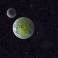 Fantasy pink grey green live illuminated planets, 3D illustration with stars, abstract world space design