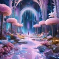 Fantasy pink leaves trees magical path glowing night sky