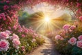 Fantasy pink Roses Flowers bloom mysterious Fairy Tale Summer floral Background with glowing sun Ray Royalty Free Stock Photo