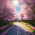 Fantasy pink Roses Flowers bloom and Road leads forward in Fabulous mystical Paradise Garden, mysterious