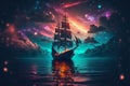 Fantasy pirate boat against galactic sky, ai generative