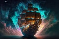 Fantasy pirate boat against galactic sky, ai generative