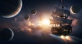 Fantasy Pirate Ship with Rocket Engines Sailing Through Outer Space. Royalty Free Stock Photo