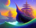 Fantasy pirate ships at sea AI sci-fi art
