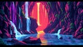 Fantasy pixel waterfall with neon cyberpunk colors, a hidden cave behind the water, and an 80s arcade-style ambiance