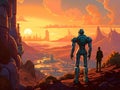 Fantasy planet with human and robot