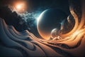 Fantasy planet with mountains and sun in space, computer generated abstract background Royalty Free Stock Photo