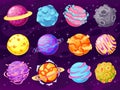 Fantasy planets. Colorful cosmic planet objects for game design fantastic galaxy world, astronomy space universe cartoon Royalty Free Stock Photo