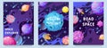 Fantasy planets kids posters. Multicolor cosmic objects, space galaxy world design for flyer, magazine, poster or book Royalty Free Stock Photo