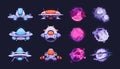 Fantasy planets and ships. Cartoon neon spaceship and cosmic icons for 2D game design, comic fantasy space ufo shuttles