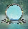 Fantasy portal upon a misty lake in a green forest