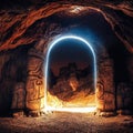 Fantasy portal stone arch in mountain hot cave due to magma and volcanic eruption. Magic gate entrance in ancient rock