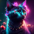 Fantasy portrait of a black cat with flowers on a dark background AI generated Royalty Free Stock Photo