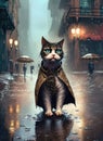 Fantasy portrait of a cat in a raincoat at night Royalty Free Stock Photo