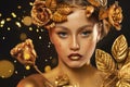 Fantasy portrait closeup woman with golden skin, lips, body. Girl in glamour wreath gold roses, accessories jewellery