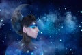 Fantasy portrait of moon woman with stars make-up and moon style hairdo