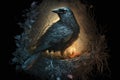 Fantasy portrait of a raven. Fantasy black bird. Witch`s bird. Generative AI