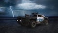 Fantasy post apocalyptic concept police car in a barren desert landscape with storm clouds and lightning in the sky. 3D rendering