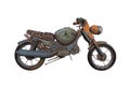 Fantasy post apocalyptic yellow motor bike made of scrap parts. 3D illustration isolated on white background with clipping path