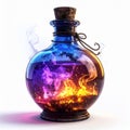 Fantasy Potion Bottle with Swirling Purple and Orange Magic on White Background Royalty Free Stock Photo