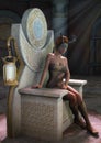 Fantasy priestess blindfold with horns sitting on a throne with a lamp.