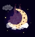 Fantasy princess castle on moon in nighty sky Royalty Free Stock Photo