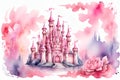 Fantasy princess castle. Pink Fairy tale watercolor hand painted illustration