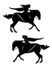 Fantasy princess riding galloping horse black and white vector silhouette set Royalty Free Stock Photo