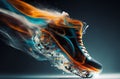 fantasy product shot of majestic and surreal sport sneaker with bright neon color on dark background, dots, smoke, drip, splatter