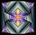 Fantasy psychedelic illustration. Abstract checkerboard shapes on black background. Digital generated geometric ornament. Stylized