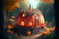 Fantasy pumpkin house in garden with strawberries and autumn trees, ai illustration