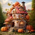 A fantasy pumpkin house in garden with strawberries