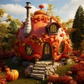 A fantasy pumpkin house in garden with strawberries