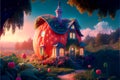 A fantasy pumpkin house in garden with strawberries and trees, ai illustration