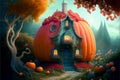 A fantasy pumpkin house with strawberries and trees, ai illustration