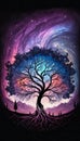 Fantasy purple glowing tree of life in the night, dream atmosphere