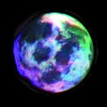 Fantasy rainbow 3D illustration of planet with halftone dots and glitch effect